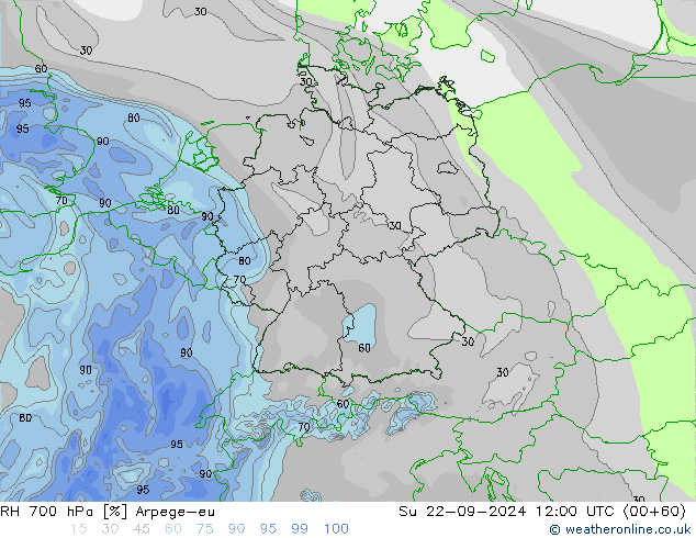 RH 700 hPa Arpege-eu Su 22.09.2024 12 UTC