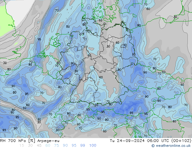 RH 700 hPa Arpege-eu  24.09.2024 06 UTC