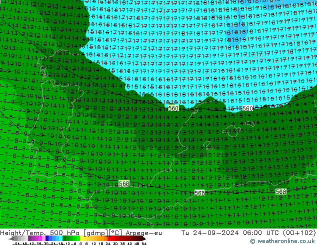 Hoogte/Temp. 500 hPa Arpege-eu di 24.09.2024 06 UTC