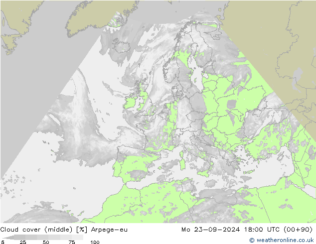 Cloud cover (middle) Arpege-eu Mo 23.09.2024 18 UTC