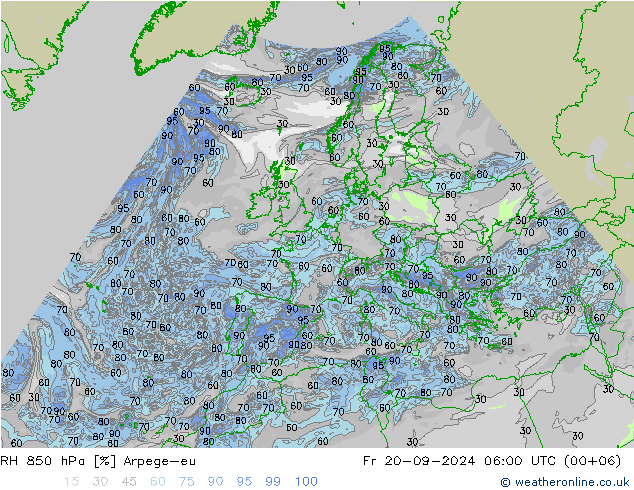 RH 850 hPa Arpege-eu Sex 20.09.2024 06 UTC