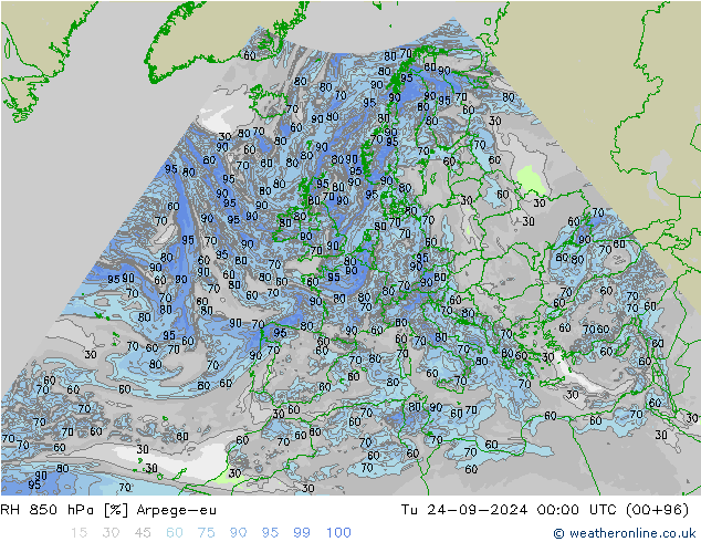 RH 850 hPa Arpege-eu Di 24.09.2024 00 UTC