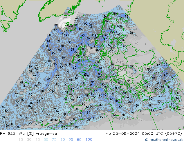 Humidité rel. 925 hPa Arpege-eu lun 23.09.2024 00 UTC