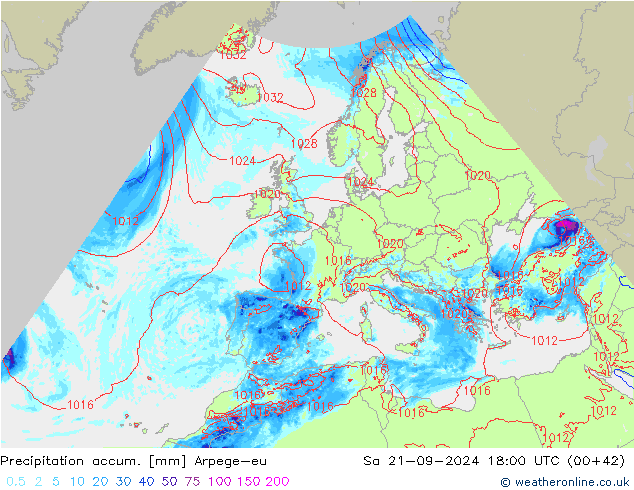 Precipitation accum. Arpege-eu Sa 21.09.2024 18 UTC