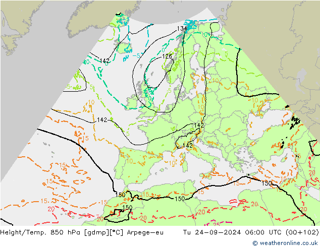 Height/Temp. 850 hPa Arpege-eu Tu 24.09.2024 06 UTC