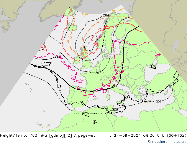 Yükseklik/Sıc. 700 hPa Arpege-eu Sa 24.09.2024 06 UTC