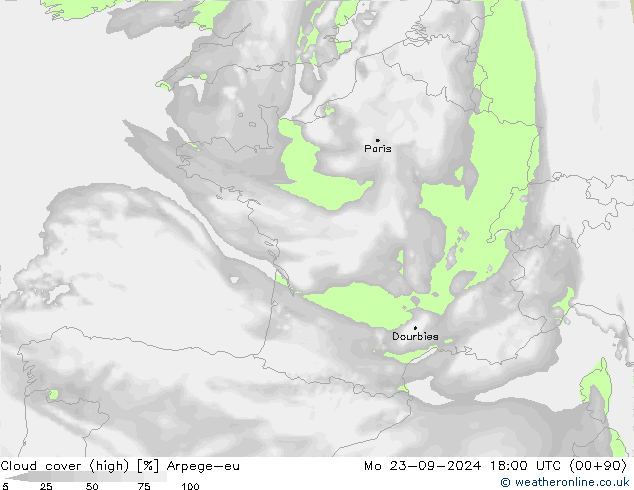 Cloud cover (high) Arpege-eu Mo 23.09.2024 18 UTC