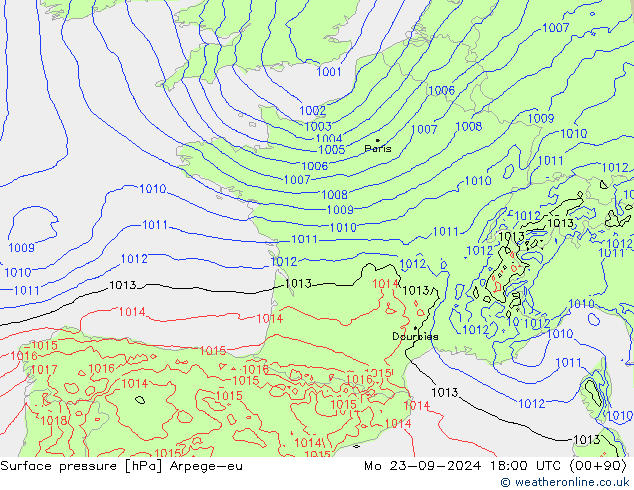 Surface pressure Arpege-eu Mo 23.09.2024 18 UTC