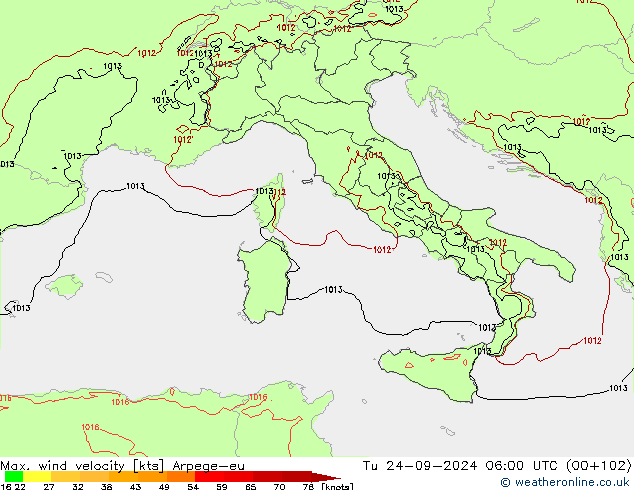 Max. wind velocity Arpege-eu Tu 24.09.2024 06 UTC