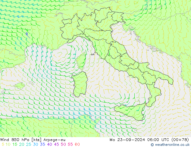 Wind 850 hPa Arpege-eu Mo 23.09.2024 06 UTC