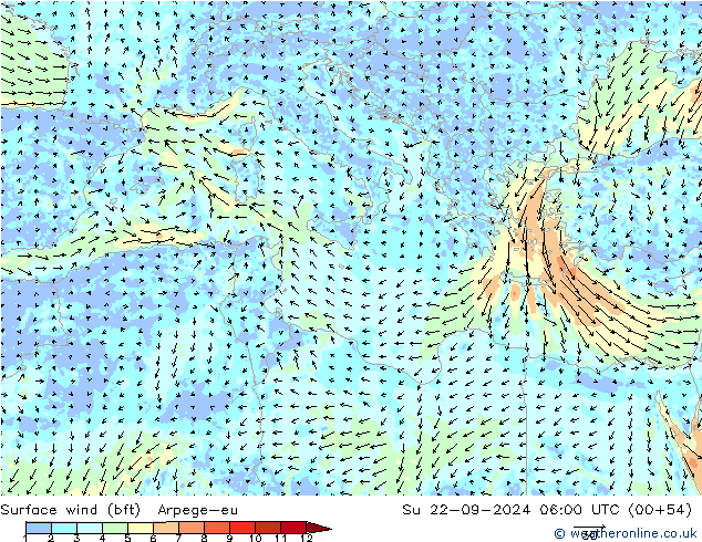 Vent 10 m (bft) Arpege-eu dim 22.09.2024 06 UTC