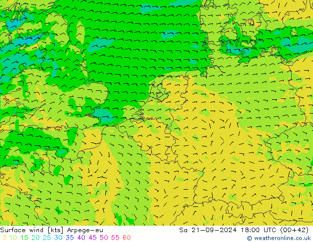 wiatr 10 m Arpege-eu so. 21.09.2024 18 UTC