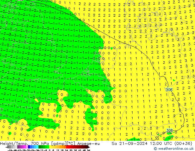 Height/Temp. 700 hPa Arpege-eu Sa 21.09.2024 12 UTC