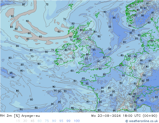 RH 2m Arpege-eu pon. 23.09.2024 18 UTC