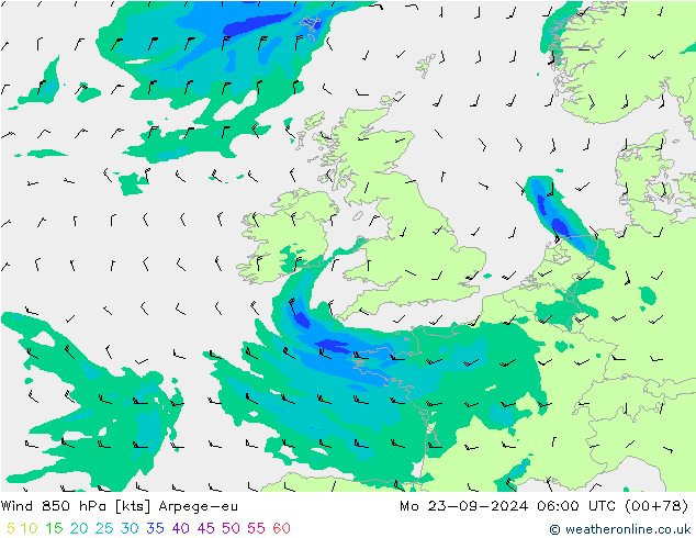 Wind 850 hPa Arpege-eu Po 23.09.2024 06 UTC