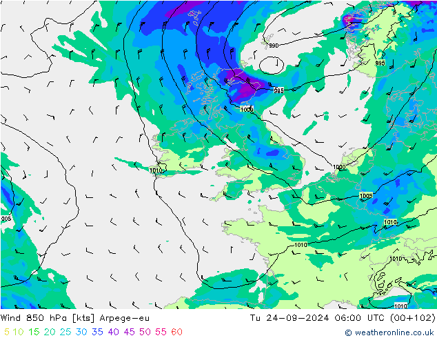 Wind 850 hPa Arpege-eu Tu 24.09.2024 06 UTC