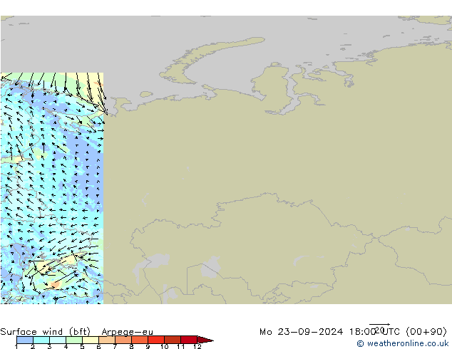 Surface wind (bft) Arpege-eu Mo 23.09.2024 18 UTC