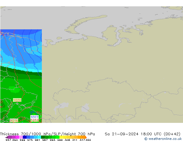 Thck 700-1000 гПа Arpege-eu сб 21.09.2024 18 UTC