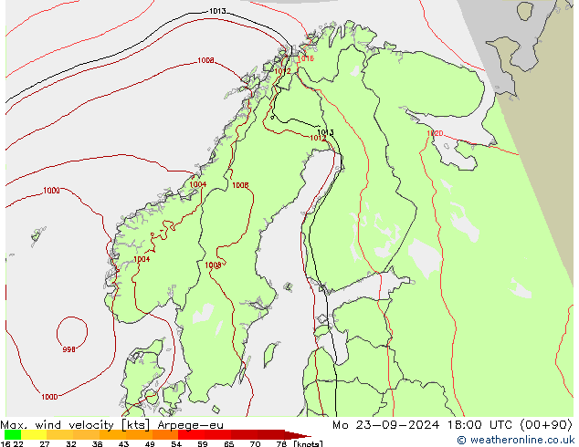 Max. wind velocity Arpege-eu  23.09.2024 18 UTC