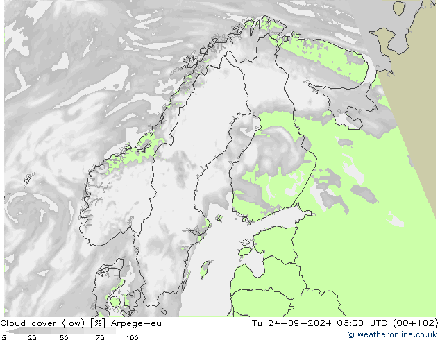 Cloud cover (low) Arpege-eu Tu 24.09.2024 06 UTC