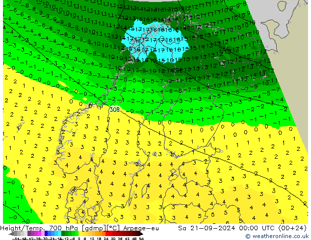 Height/Temp. 700 hPa Arpege-eu  21.09.2024 00 UTC