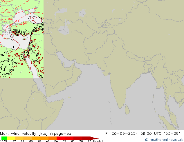 Max. wind snelheid Arpege-eu vr 20.09.2024 09 UTC