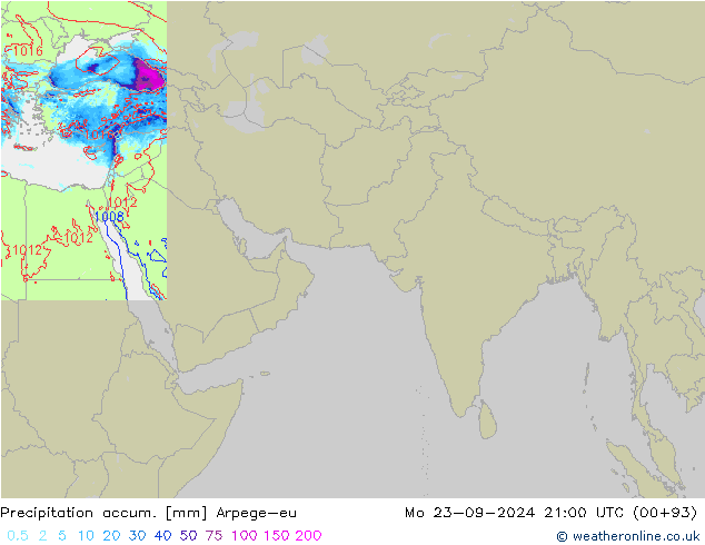 Precipitation accum. Arpege-eu Mo 23.09.2024 21 UTC