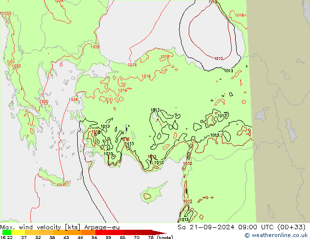 Max. wind velocity Arpege-eu So 21.09.2024 09 UTC