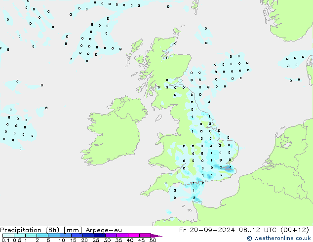 Precipitación (6h) Arpege-eu vie 20.09.2024 12 UTC