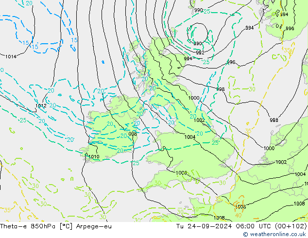 Theta-e 850hPa Arpege-eu Út 24.09.2024 06 UTC