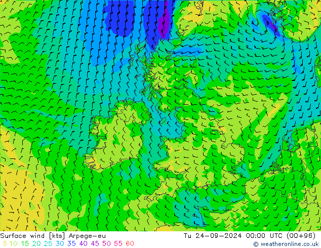 Vent 10 m Arpege-eu mar 24.09.2024 00 UTC