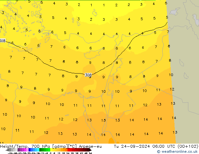 Height/Temp. 700 hPa Arpege-eu Ter 24.09.2024 06 UTC