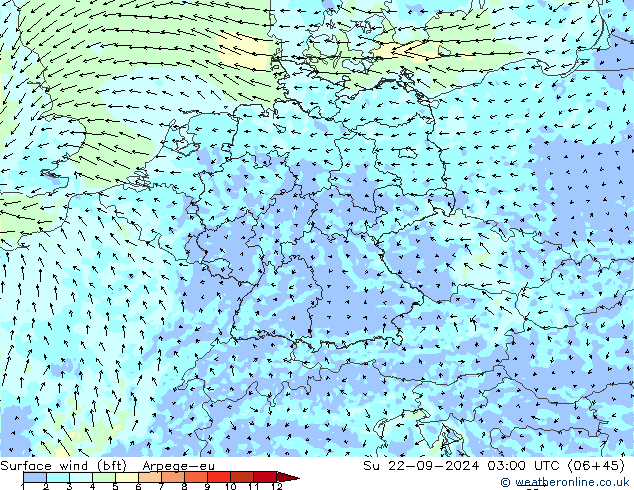 Surface wind (bft) Arpege-eu Ne 22.09.2024 03 UTC