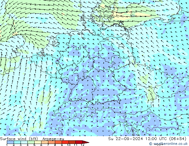 Viento 10 m (bft) Arpege-eu dom 22.09.2024 12 UTC