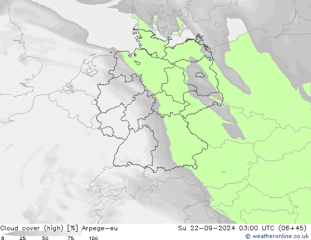 Cloud cover (high) Arpege-eu Su 22.09.2024 03 UTC