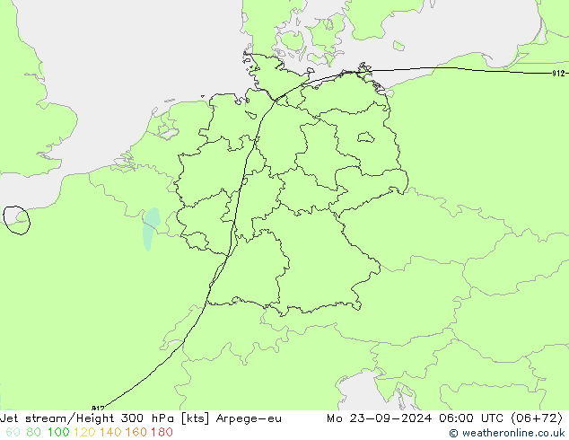 Jet stream/Height 300 hPa Arpege-eu Mo 23.09.2024 06 UTC