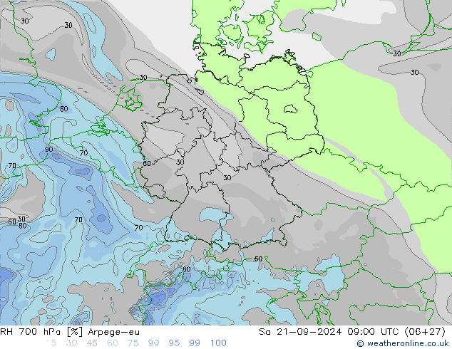 Humidité rel. 700 hPa Arpege-eu sam 21.09.2024 09 UTC