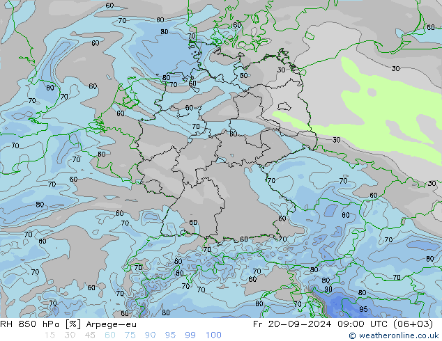 RH 850 hPa Arpege-eu ven 20.09.2024 09 UTC