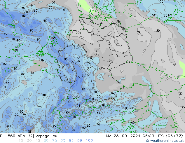 RH 850 hPa Arpege-eu Mo 23.09.2024 06 UTC