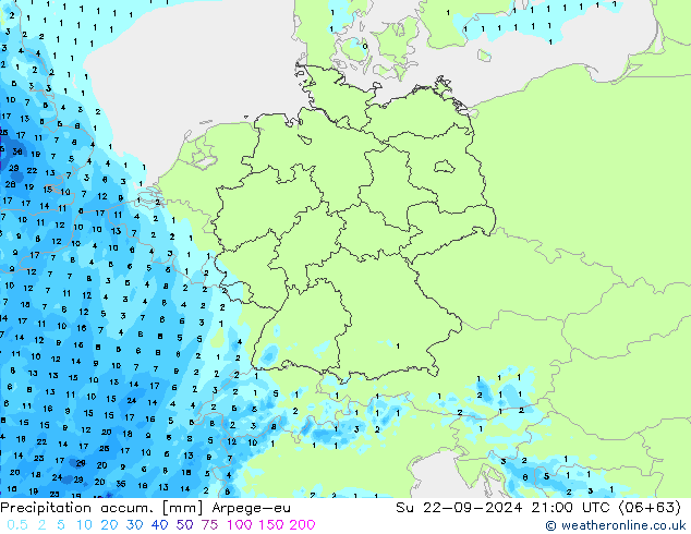 Precipitation accum. Arpege-eu nie. 22.09.2024 21 UTC