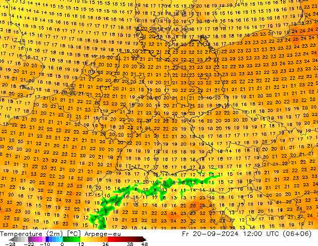 Temperaturkarte (2m) Arpege-eu Fr 20.09.2024 12 UTC