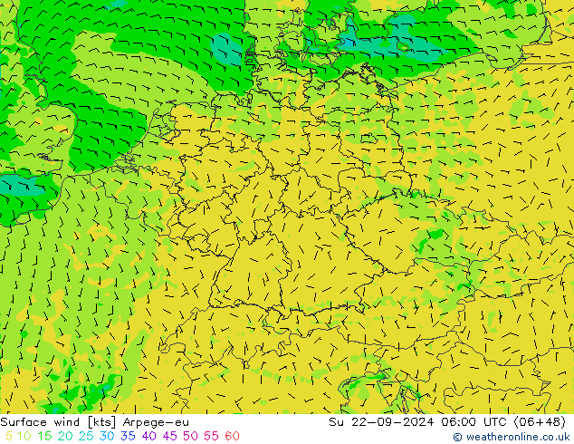 Surface wind Arpege-eu Ne 22.09.2024 06 UTC