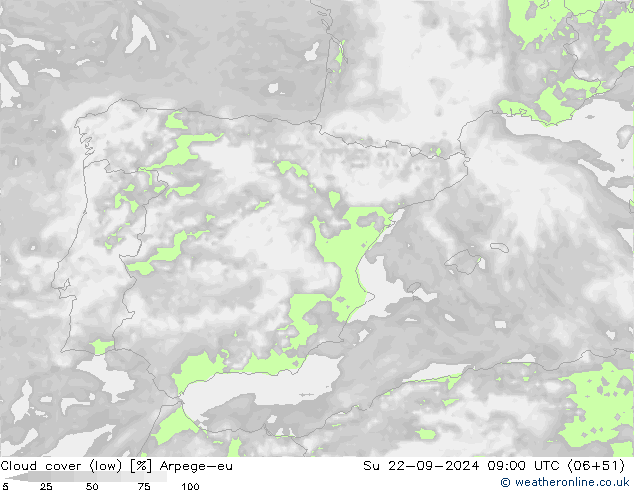 Cloud cover (low) Arpege-eu Su 22.09.2024 09 UTC