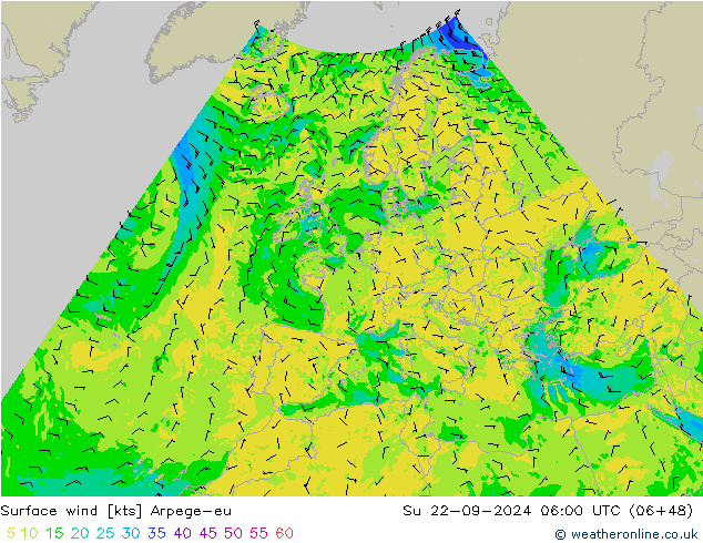 ветер 10 m Arpege-eu Вс 22.09.2024 06 UTC