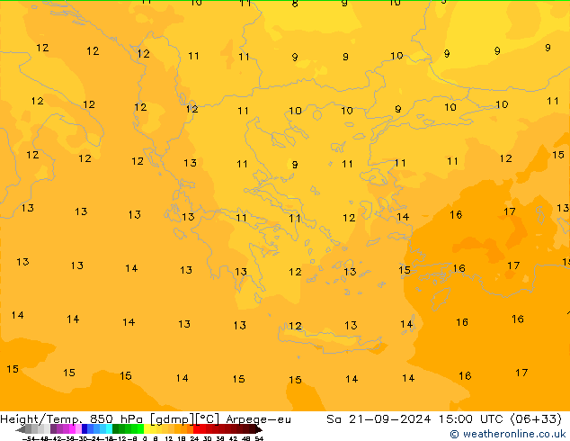 Géop./Temp. 850 hPa Arpege-eu sam 21.09.2024 15 UTC