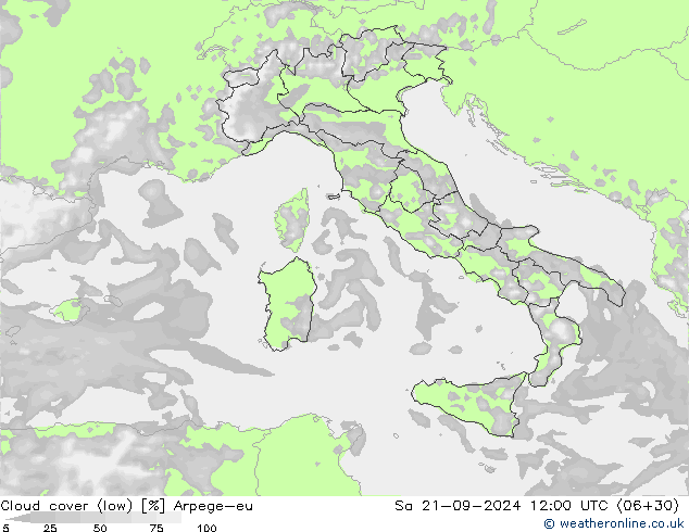 Cloud cover (low) Arpege-eu Sa 21.09.2024 12 UTC