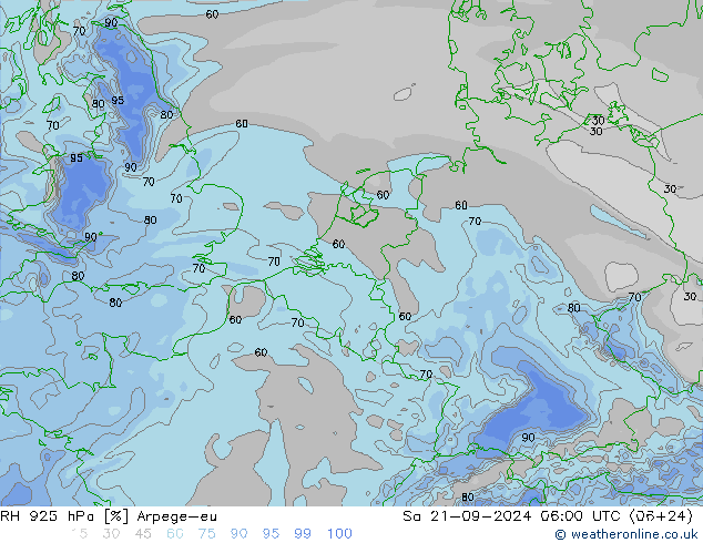 RH 925 hPa Arpege-eu 星期六 21.09.2024 06 UTC