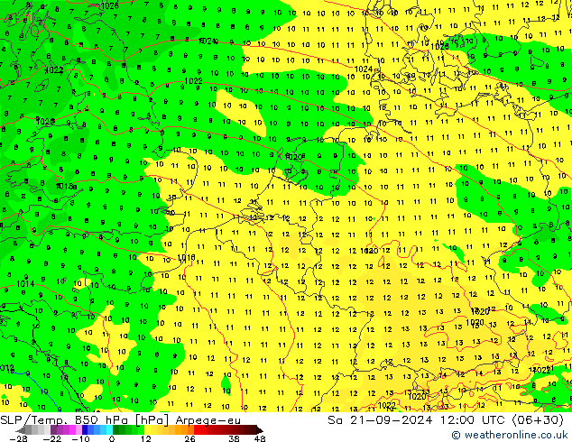 SLP/Temp. 850 hPa Arpege-eu Sa 21.09.2024 12 UTC