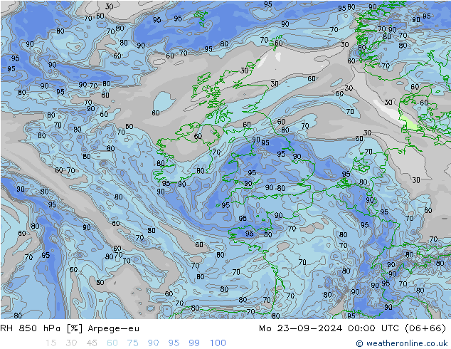 RH 850 hPa Arpege-eu Seg 23.09.2024 00 UTC