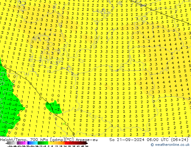 Height/Temp. 700 гПа Arpege-eu сб 21.09.2024 06 UTC